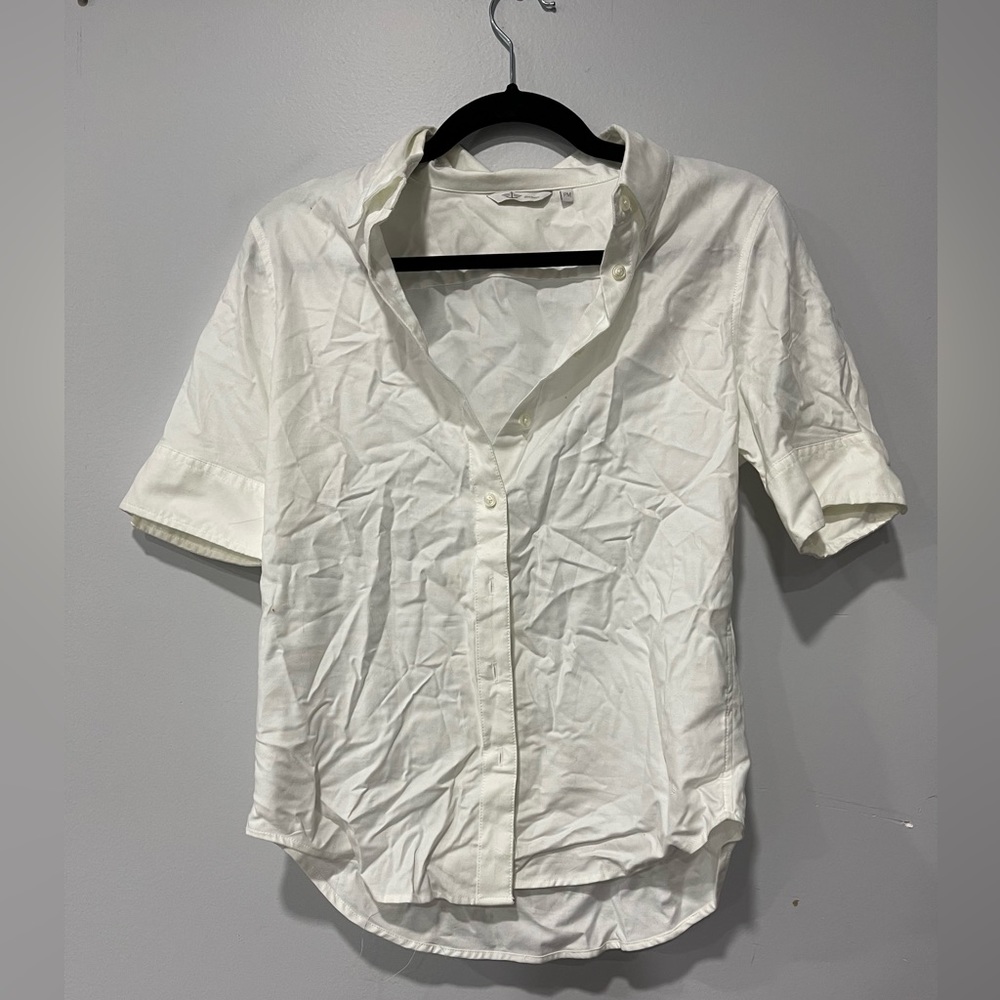 Dockers Womens White Short Sleeve Button Down Collared Shirt Top Petite Medium‎